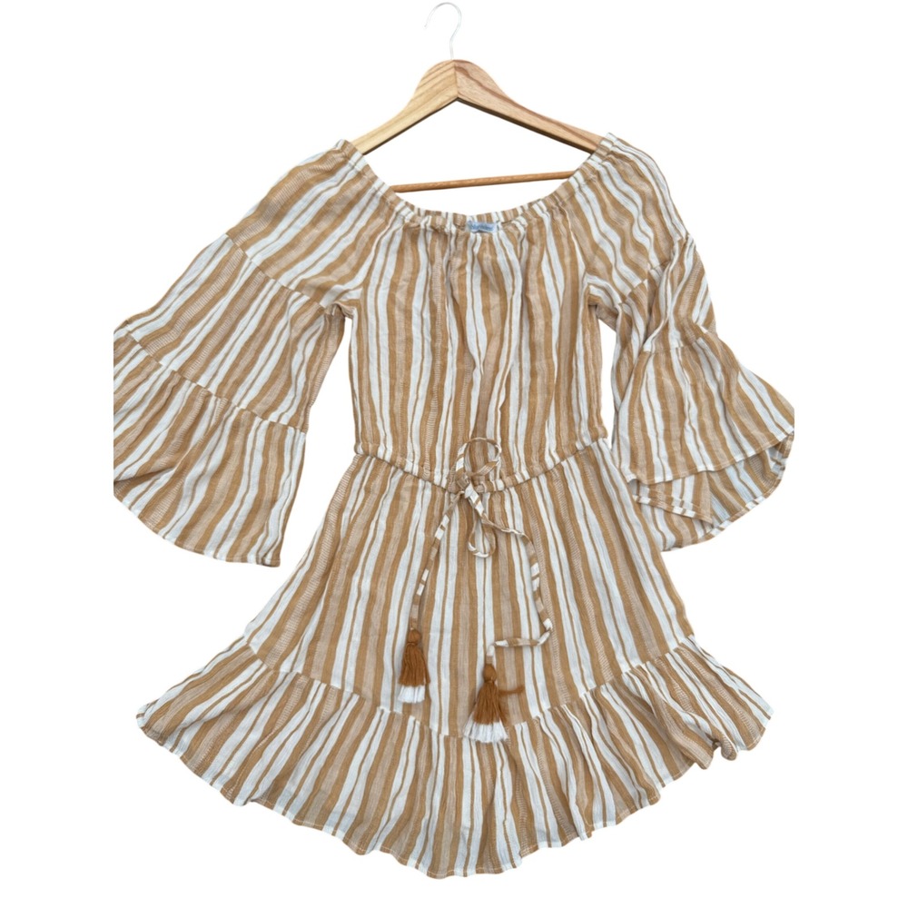 Blue Island Beach Mustard White Striped Off Shoulder Romper Small NWT Summer
